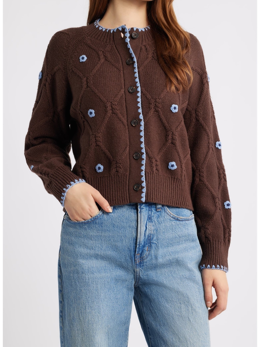 Rails Brown Knit Cardigan with Light Blue Floral Accents